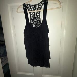 A. BYER Black Layered Tiered Ruffle Tank Top with Crochet Lace Racerback Detail